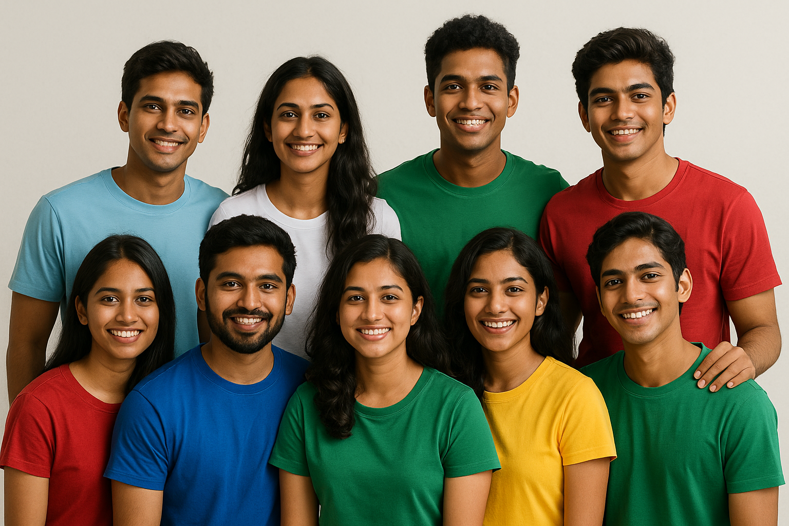 a group of Indian young men and women wearing solid colour round neck cotton t-shirts