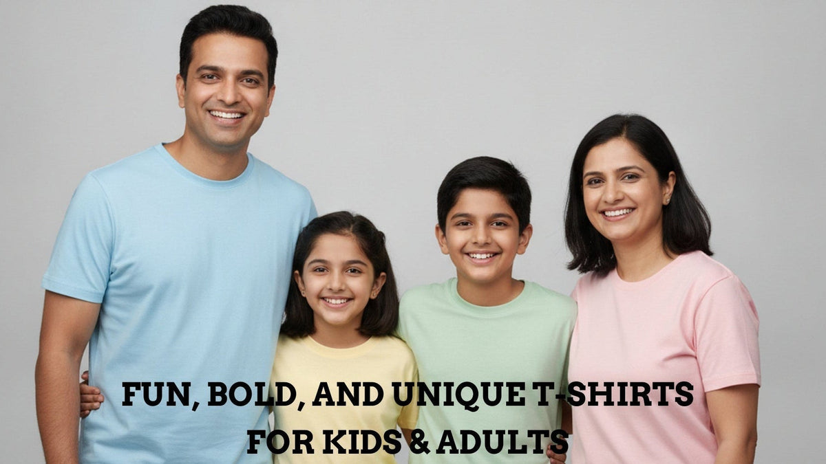 A family of four posing together wearing plain, solid-colored t-shirts in light blue, pale yellow, mint green, and light pink. The text 'FUN, BOLD, AND UNIQUE T-SHIRTS FOR KIDS & ADULTS' is overlaid across the center of the image against a solid light gray background.